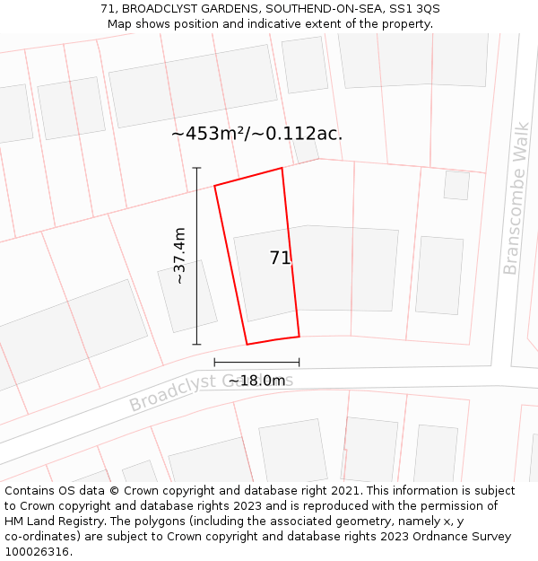 71, BROADCLYST GARDENS, SOUTHEND-ON-SEA, SS1 3QS: Plot and title map