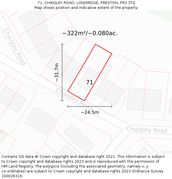 71, CHAIGLEY ROAD, LONGRIDGE, PRESTON, PR3 3TQ: Plot and title map