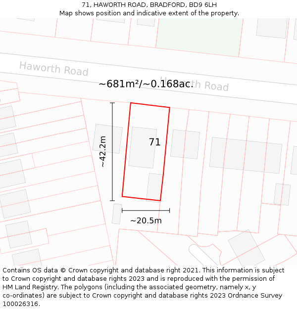 71, HAWORTH ROAD, BRADFORD, BD9 6LH: Plot and title map