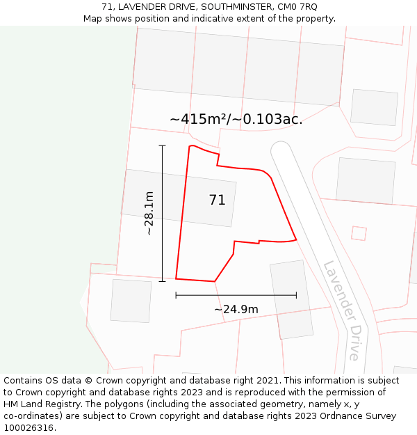 71, LAVENDER DRIVE, SOUTHMINSTER, CM0 7RQ: Plot and title map