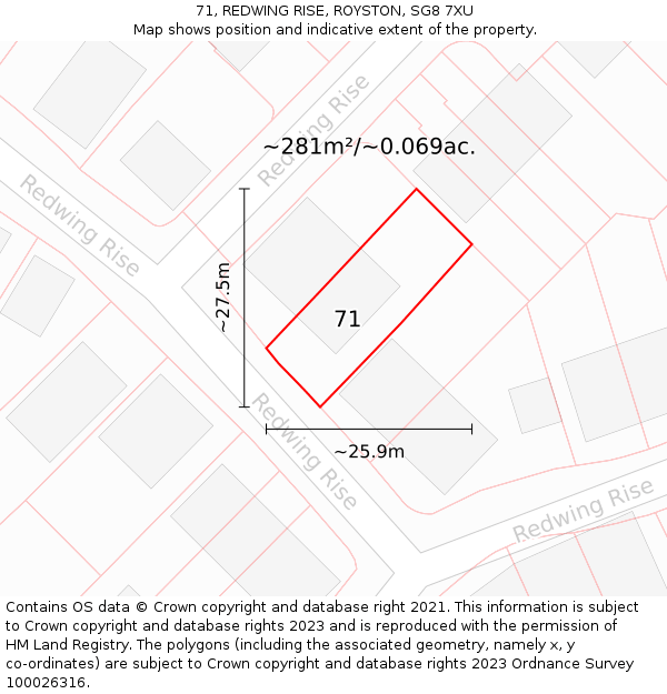 71, REDWING RISE, ROYSTON, SG8 7XU: Plot and title map