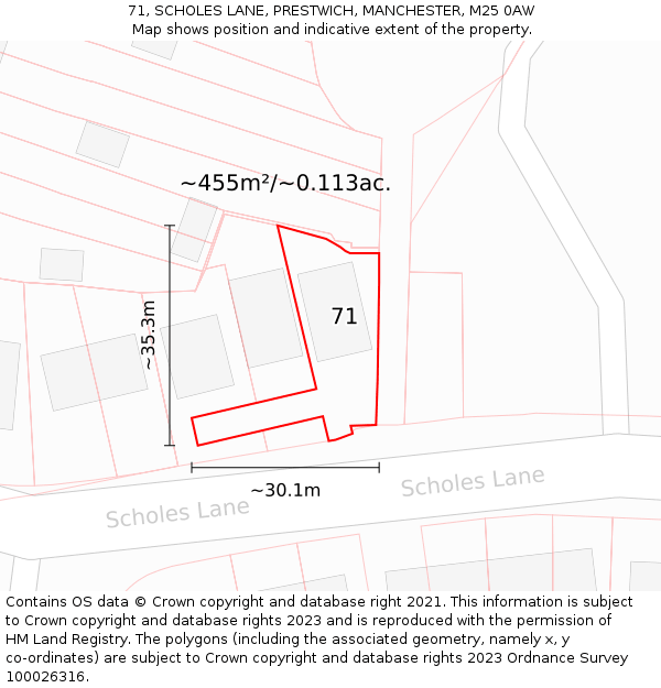 71, SCHOLES LANE, PRESTWICH, MANCHESTER, M25 0AW: Plot and title map