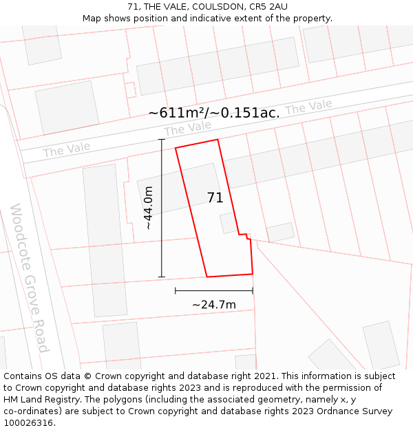 71, THE VALE, COULSDON, CR5 2AU: Plot and title map