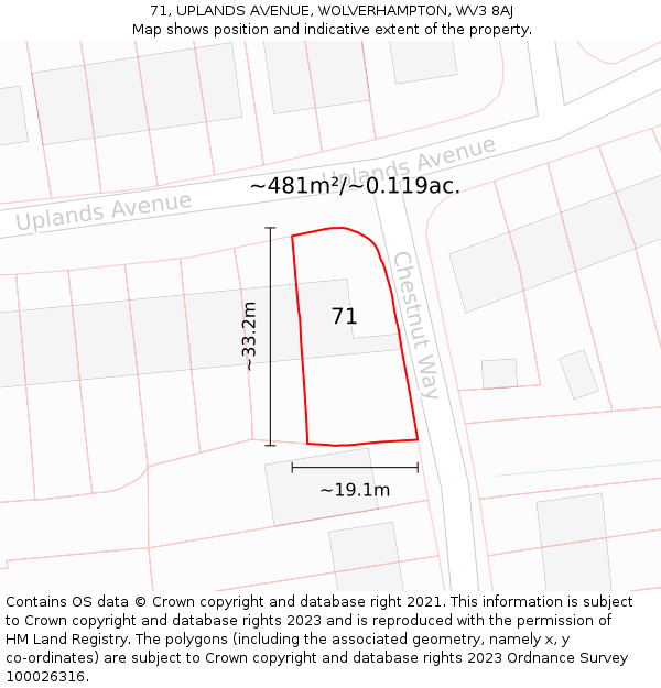 71, UPLANDS AVENUE, WOLVERHAMPTON, WV3 8AJ: Plot and title map