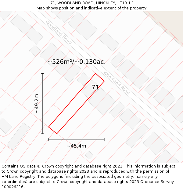 71, WOODLAND ROAD, HINCKLEY, LE10 1JF: Plot and title map