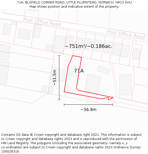 71A, BLOFIELD CORNER ROAD, LITTLE PLUMSTEAD, NORWICH, NR13 5HU: Plot and title map