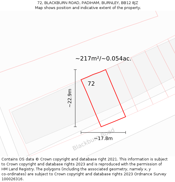 72, BLACKBURN ROAD, PADIHAM, BURNLEY, BB12 8JZ: Plot and title map