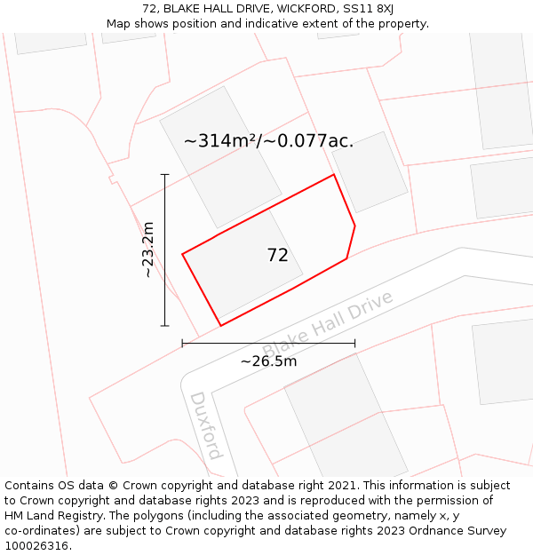 72, BLAKE HALL DRIVE, WICKFORD, SS11 8XJ: Plot and title map