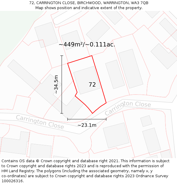 72, CARRINGTON CLOSE, BIRCHWOOD, WARRINGTON, WA3 7QB: Plot and title map