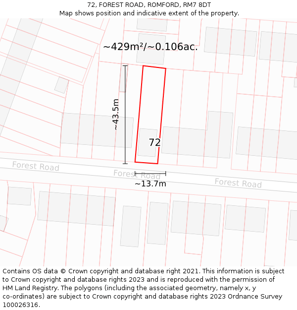 72, FOREST ROAD, ROMFORD, RM7 8DT: Plot and title map