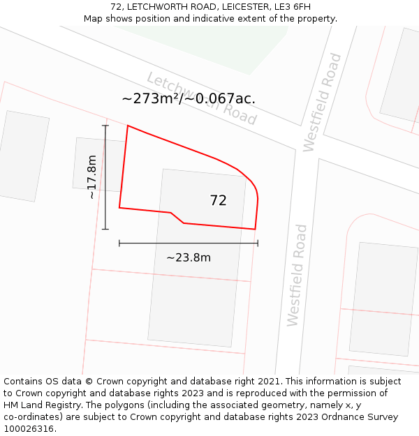 72, LETCHWORTH ROAD, LEICESTER, LE3 6FH: Plot and title map