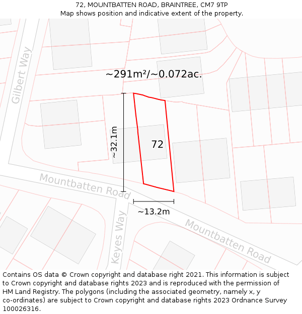 72, MOUNTBATTEN ROAD, BRAINTREE, CM7 9TP: Plot and title map