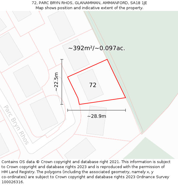 72, PARC BRYN RHOS, GLANAMMAN, AMMANFORD, SA18 1JE: Plot and title map