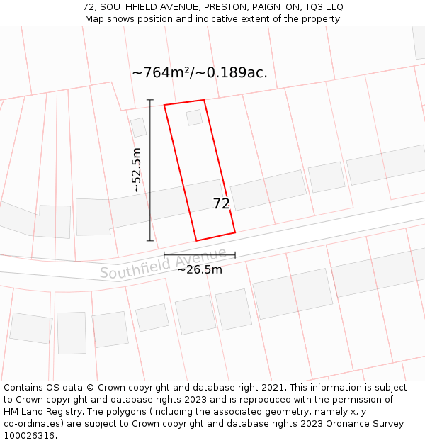 72, SOUTHFIELD AVENUE, PRESTON, PAIGNTON, TQ3 1LQ: Plot and title map