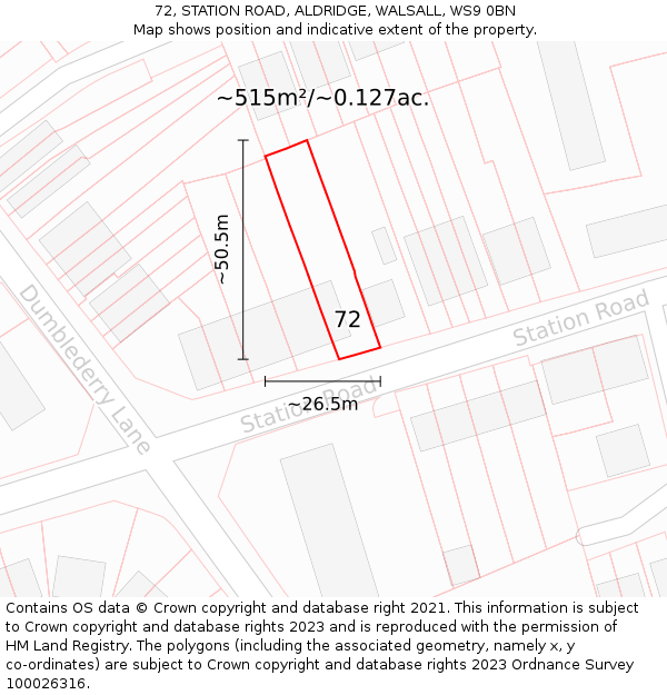 72, STATION ROAD, ALDRIDGE, WALSALL, WS9 0BN: Plot and title map