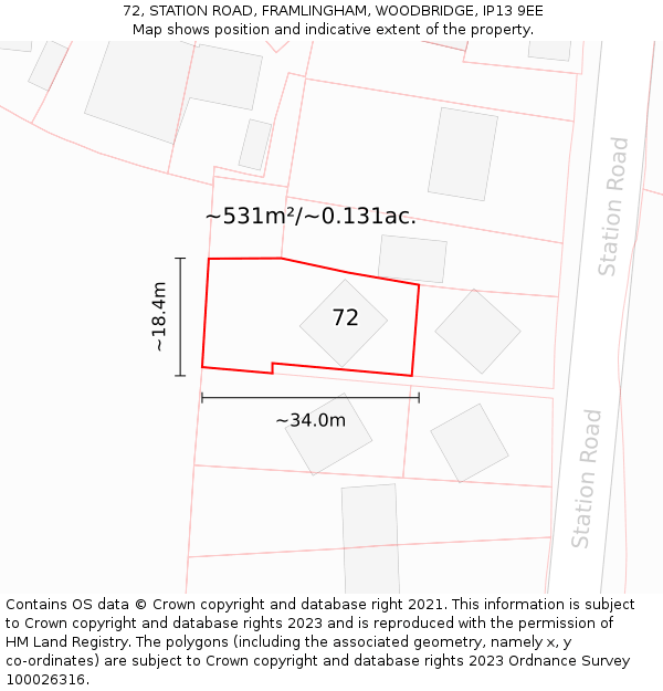 72, STATION ROAD, FRAMLINGHAM, WOODBRIDGE, IP13 9EE: Plot and title map