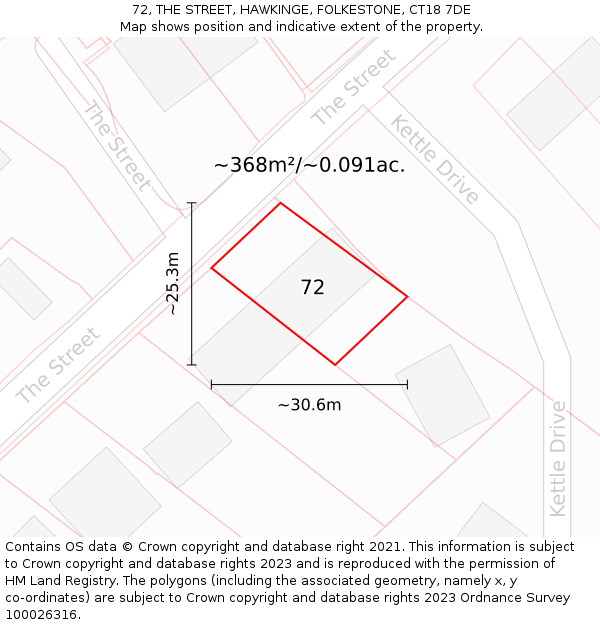 72, THE STREET, HAWKINGE, FOLKESTONE, CT18 7DE: Plot and title map