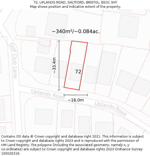 72, UPLANDS ROAD, SALTFORD, BRISTOL, BS31 3HY: Plot and title map