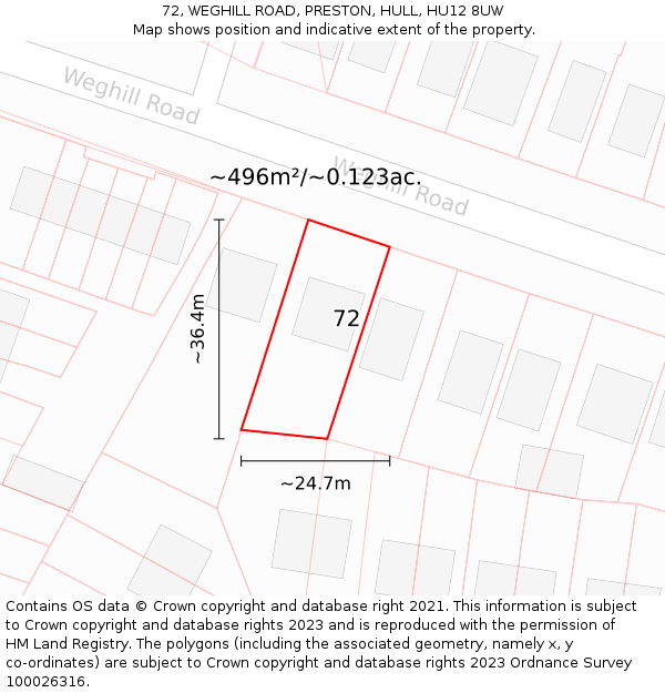 72, WEGHILL ROAD, PRESTON, HULL, HU12 8UW: Plot and title map