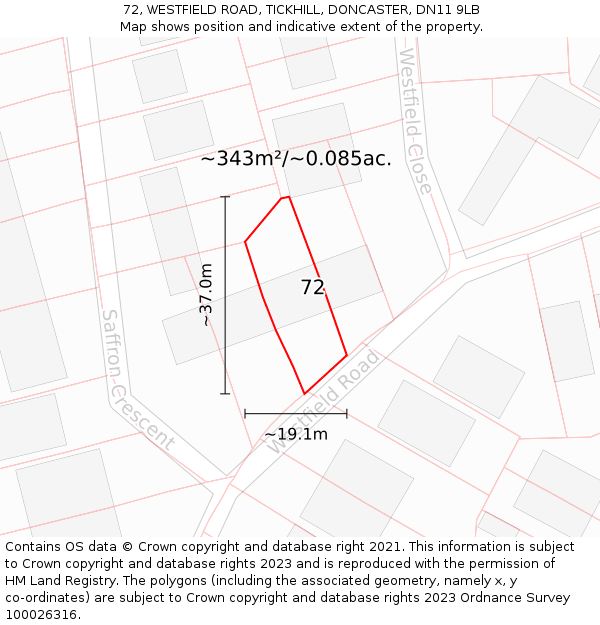 72, WESTFIELD ROAD, TICKHILL, DONCASTER, DN11 9LB: Plot and title map