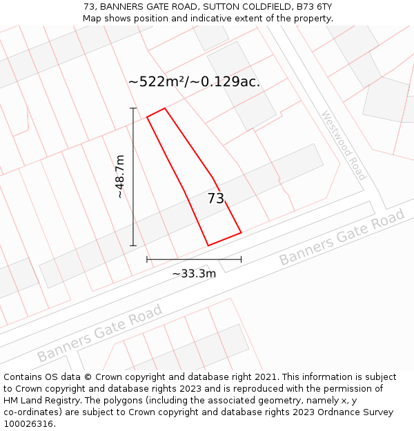 73, BANNERS GATE ROAD, SUTTON COLDFIELD, B73 6TY: Plot and title map