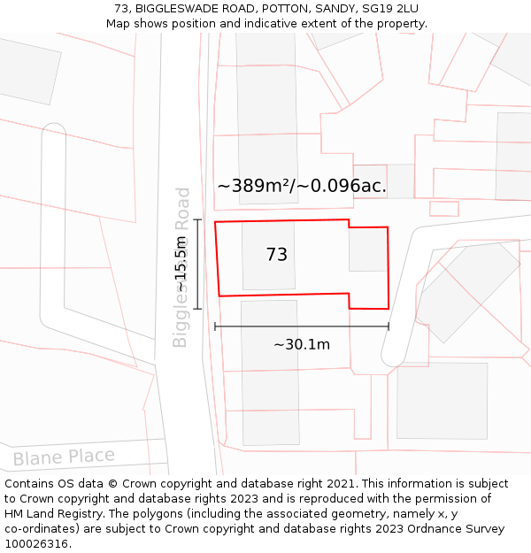 73, BIGGLESWADE ROAD, POTTON, SANDY, SG19 2LU: Plot and title map