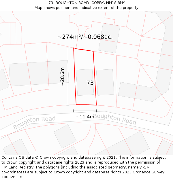 73, BOUGHTON ROAD, CORBY, NN18 8NY: Plot and title map