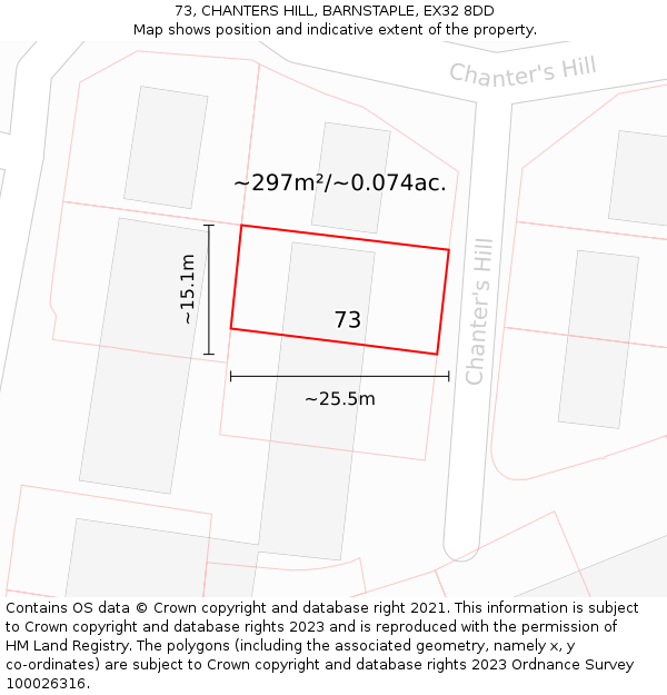 73, CHANTERS HILL, BARNSTAPLE, EX32 8DD: Plot and title map