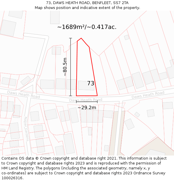 73, DAWS HEATH ROAD, BENFLEET, SS7 2TA: Plot and title map