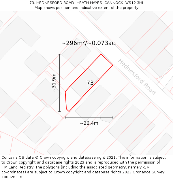 73, HEDNESFORD ROAD, HEATH HAYES, CANNOCK, WS12 3HL: Plot and title map