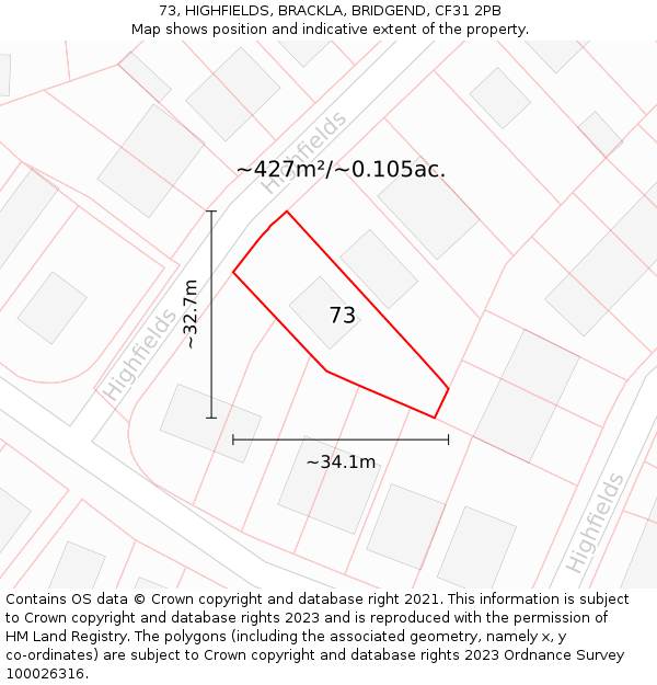 73, HIGHFIELDS, BRACKLA, BRIDGEND, CF31 2PB: Plot and title map