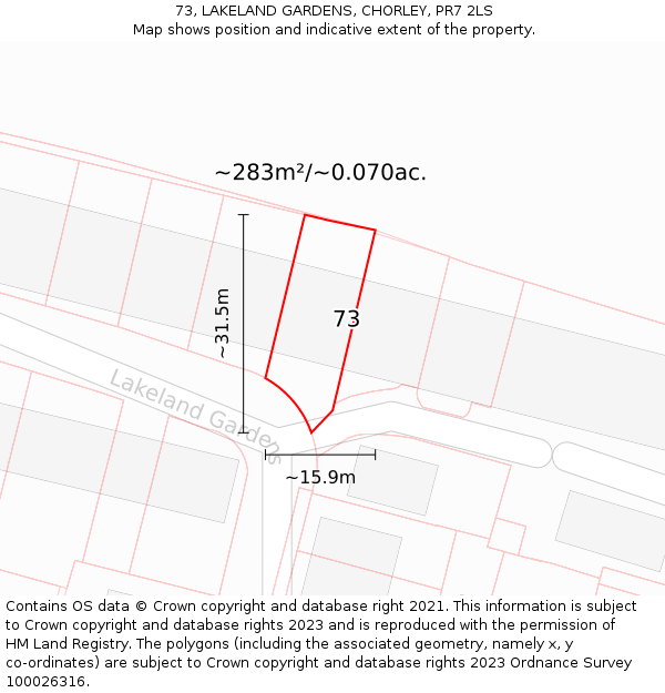 73, LAKELAND GARDENS, CHORLEY, PR7 2LS: Plot and title map