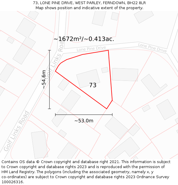 73, LONE PINE DRIVE, WEST PARLEY, FERNDOWN, BH22 8LR: Plot and title map