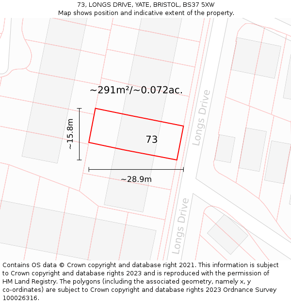 73, LONGS DRIVE, YATE, BRISTOL, BS37 5XW: Plot and title map