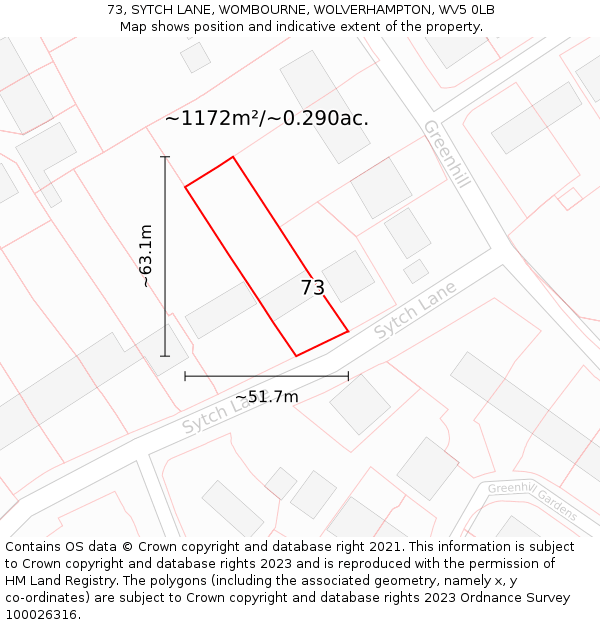 73, SYTCH LANE, WOMBOURNE, WOLVERHAMPTON, WV5 0LB: Plot and title map