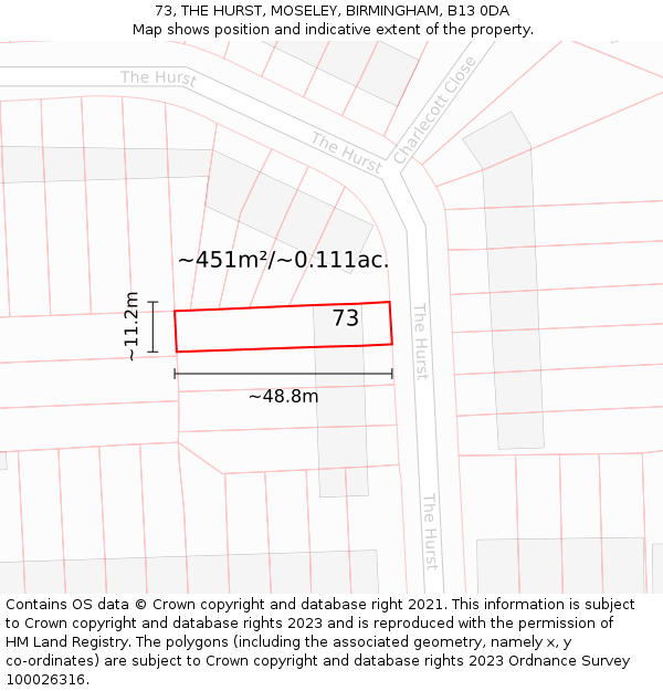 73, THE HURST, MOSELEY, BIRMINGHAM, B13 0DA: Plot and title map