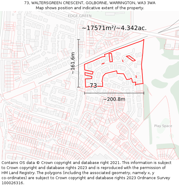 73, WALTERSGREEN CRESCENT, GOLBORNE, WARRINGTON, WA3 3WA: Plot and title map