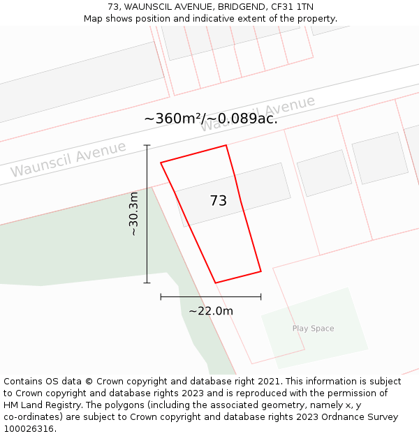 73, WAUNSCIL AVENUE, BRIDGEND, CF31 1TN: Plot and title map