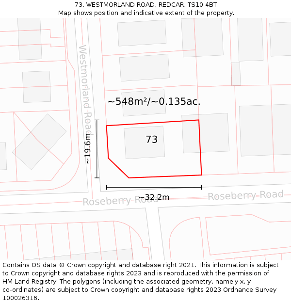 73, WESTMORLAND ROAD, REDCAR, TS10 4BT: Plot and title map