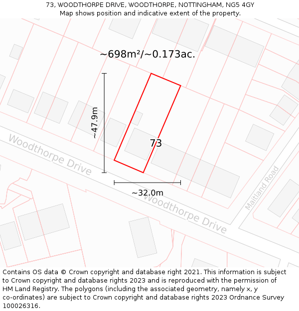 73, WOODTHORPE DRIVE, WOODTHORPE, NOTTINGHAM, NG5 4GY: Plot and title map