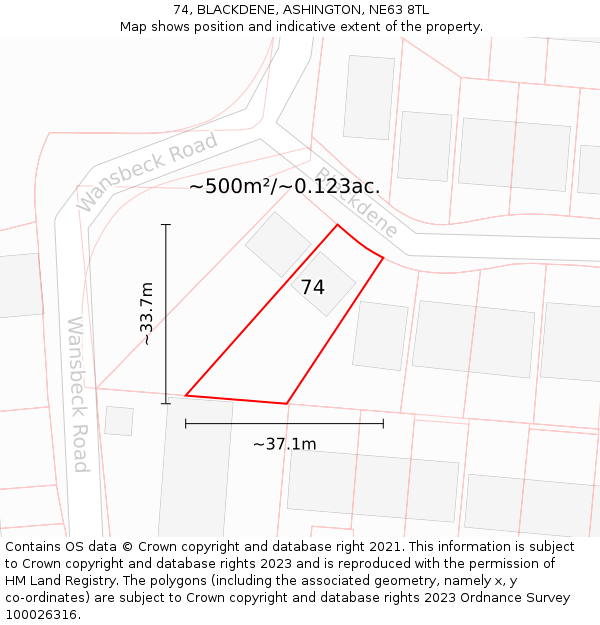 74, BLACKDENE, ASHINGTON, NE63 8TL: Plot and title map