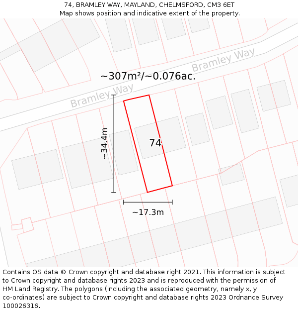 74, BRAMLEY WAY, MAYLAND, CHELMSFORD, CM3 6ET: Plot and title map