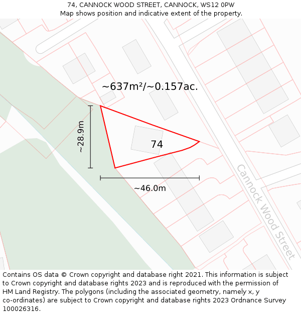 74, CANNOCK WOOD STREET, CANNOCK, WS12 0PW: Plot and title map