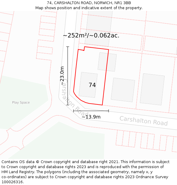 74, CARSHALTON ROAD, NORWICH, NR1 3BB: Plot and title map