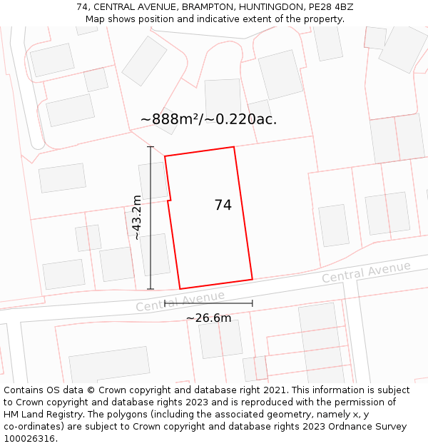 74, CENTRAL AVENUE, BRAMPTON, HUNTINGDON, PE28 4BZ: Plot and title map