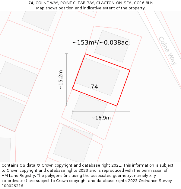 74, COLNE WAY, POINT CLEAR BAY, CLACTON-ON-SEA, CO16 8LN: Plot and title map