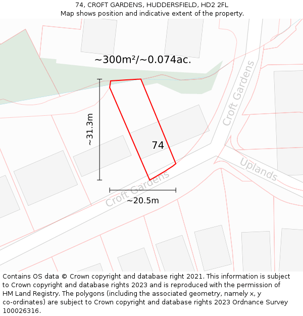 74, CROFT GARDENS, HUDDERSFIELD, HD2 2FL: Plot and title map