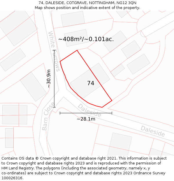 74, DALESIDE, COTGRAVE, NOTTINGHAM, NG12 3QN: Plot and title map