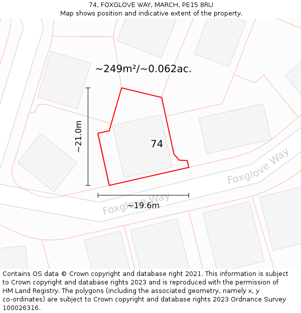 74, FOXGLOVE WAY, MARCH, PE15 8RU: Plot and title map