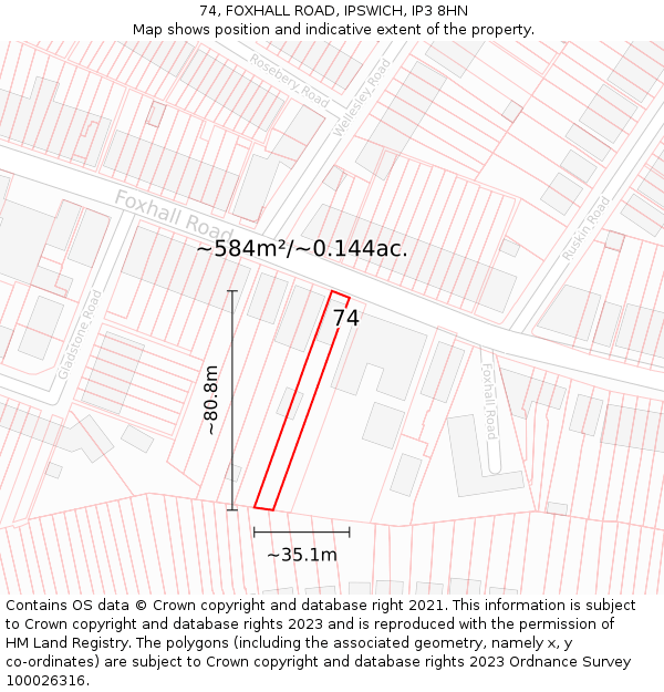 74, FOXHALL ROAD, IPSWICH, IP3 8HN: Plot and title map